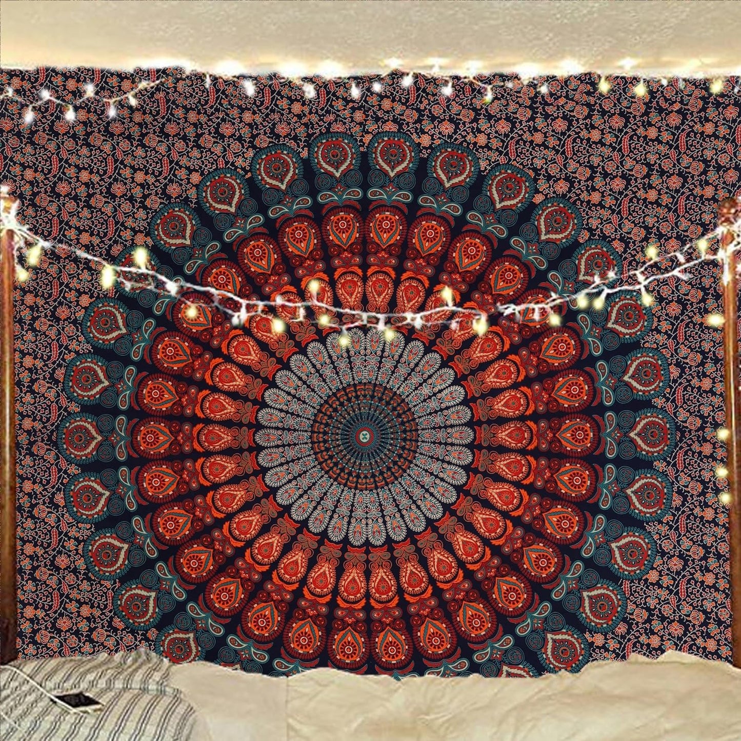 Bless International Handmade Indian hippie Bohemian Psychedelic Peacock Mandala Wall hanging College Dorm Beach Throws Table Cloth Bedding Tapestry (Golden Blue, King(88x104Inches)(225x265Cms))