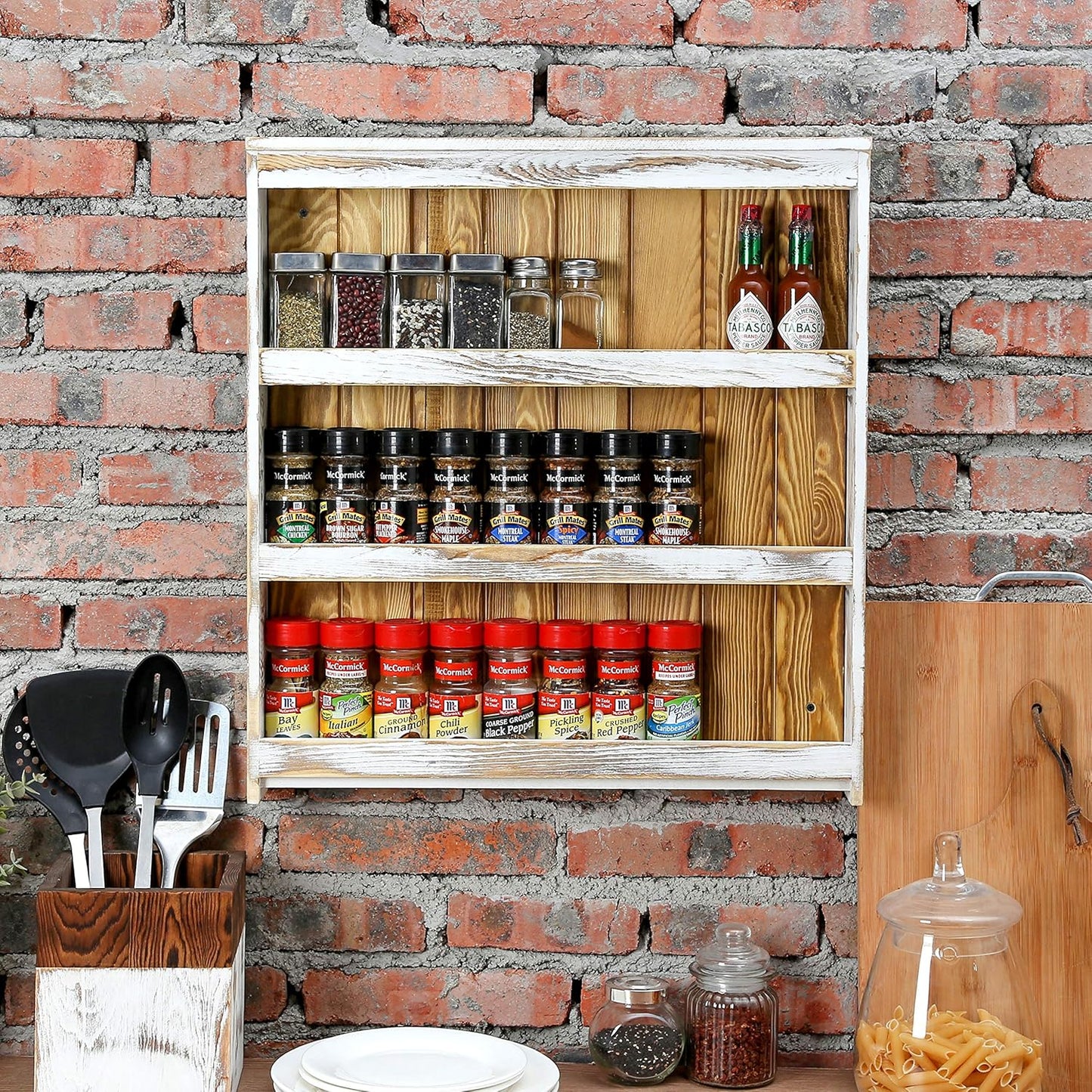 MyGift 3 Tier Wall Mounted Spice Rack, Shabby White Washed and Rustic Natural Burnt Solid Wood Kitchen Pantry Storage Shelf for Seasoning Jars or Condiment Bottles