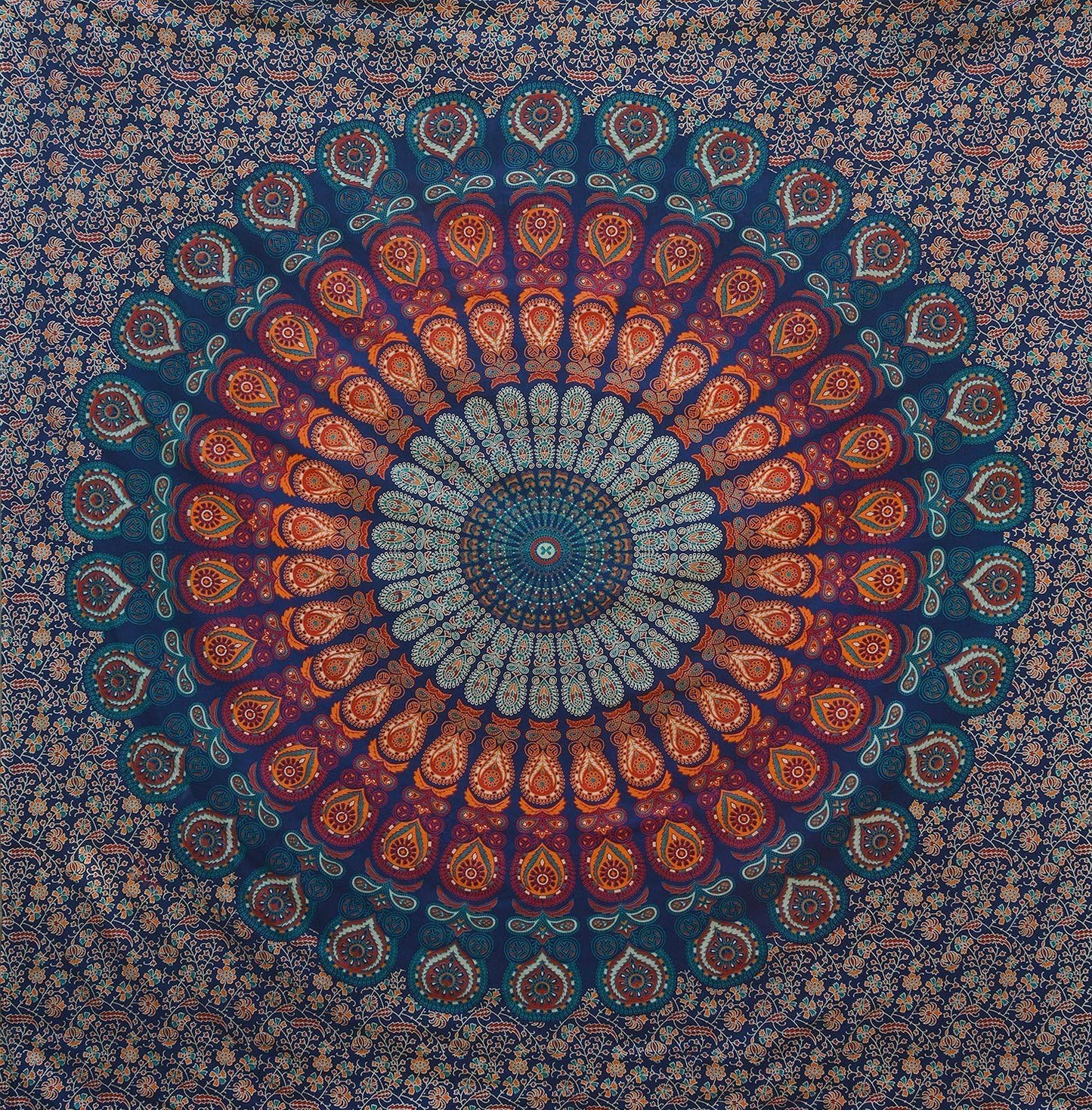 Bless International Handmade Indian hippie Bohemian Psychedelic Peacock Mandala Wall hanging College Dorm Beach Throws Table Cloth Bedding Tapestry (Golden Blue, Queen(84x90Inches)(215x230Cms))