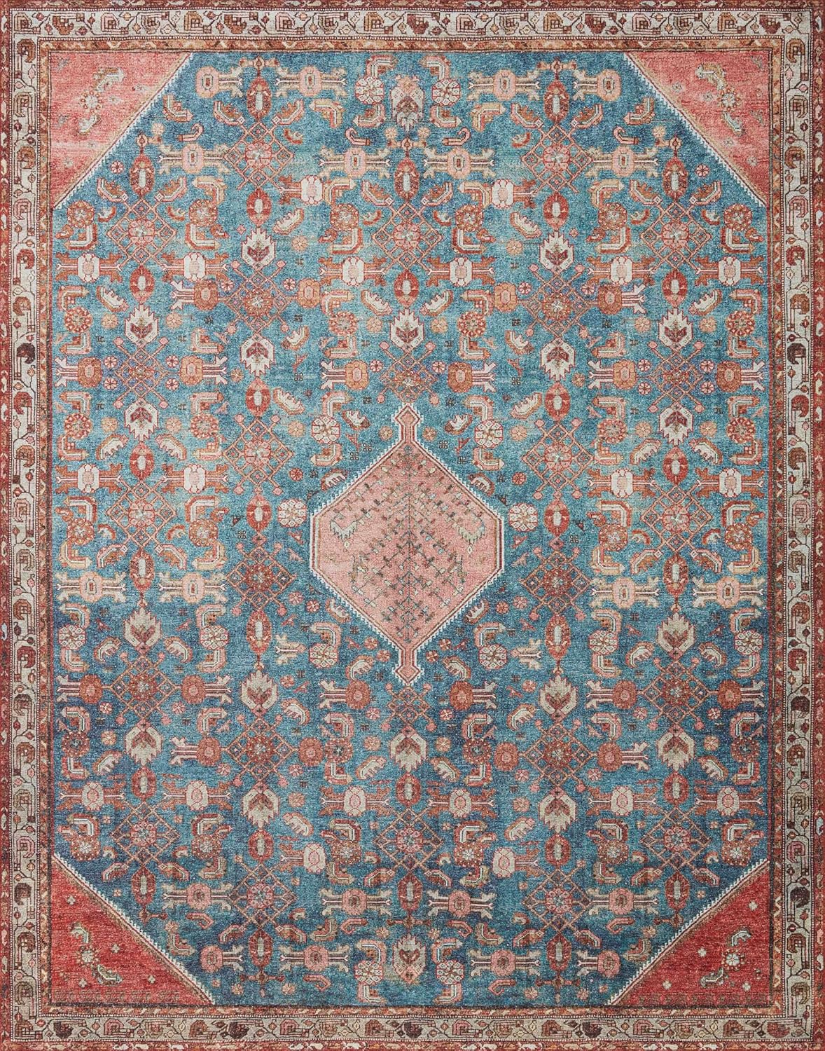 Loloi Layla Collection LAY-10 Marine/Clay 5'-0" x 7'-6" .13" Thick Area Rug, Soft, Durable, Vintage Inspired, Distressed, Low Pile, Non-Shedding, Easy Clean, Printed, Living Room Rug